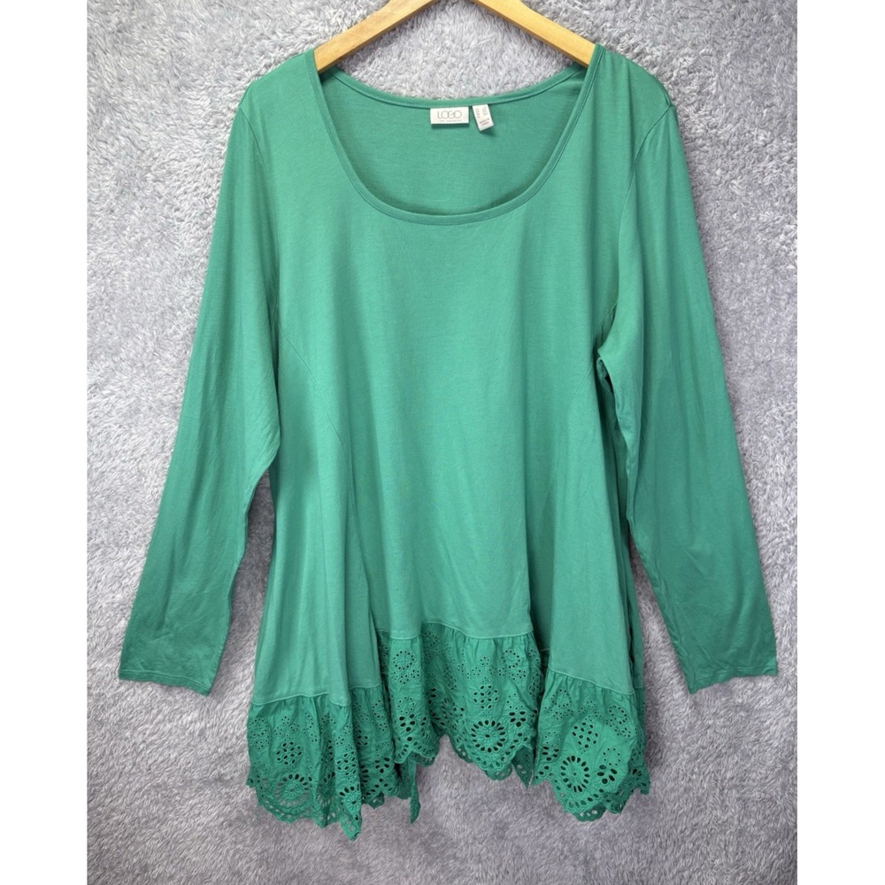 LOGO Lori Goldstein Womens 2X Green Tunic Top Eyelet Ruffle Hem Long Slv Boho